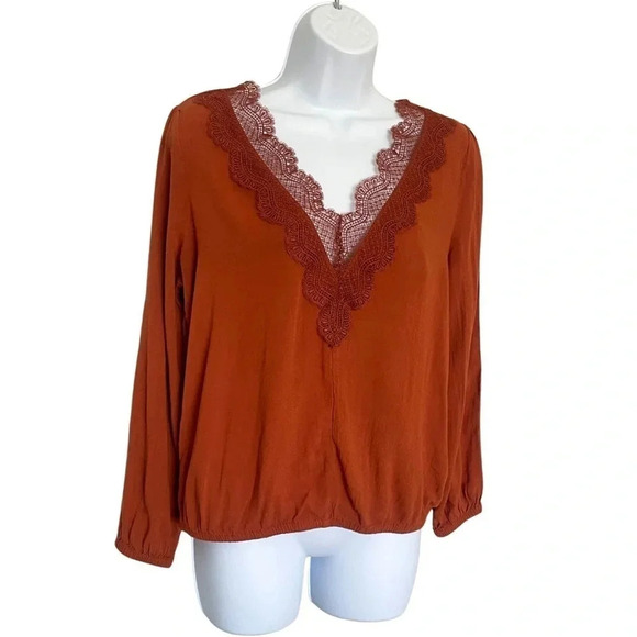 Express Burnt Orange Long Sleeve Blouse, Size Small, Lace-Like V-Neckline - Picture 4 of 10